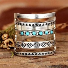 Bohemian Antique Silver  Turquoise Southwestern Layered Stacked Unisex Ring NEW