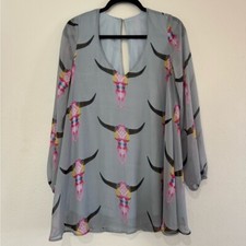 Show Me Your Mumu Western Skull Women's Gray and Pink Printed Top Dress Sz XS