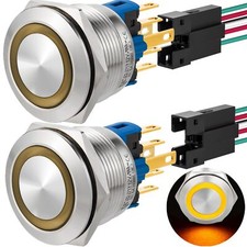 22mm Momentary Push Button Switch Waterproof 12V Yellow Stainless Steel 2-Pack