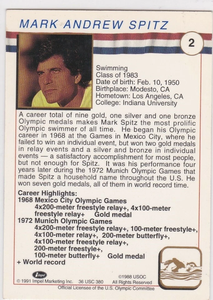 MARK SPITZ CARD Equipo EE. UU. Oro 1972 Juegos Olímpicos de Munich ¡Leyenda de la natación! Foto 2 de 2