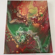 Acrylic Pour Painting Gold Red Green Abstract on canvas original