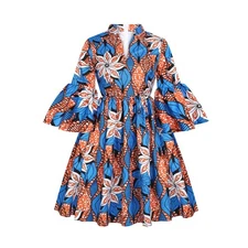 Women African Ankara Print Maxi Dress Attire Lotus Sleeve V Neck African Dresses