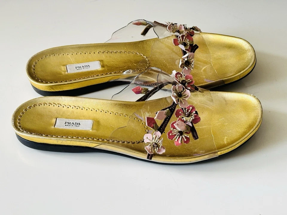 复古普拉达女式贴花金色花朵丝绸拖鞋凉鞋 36.5 码/美国 6.5 码 — 第 3/4 张图片