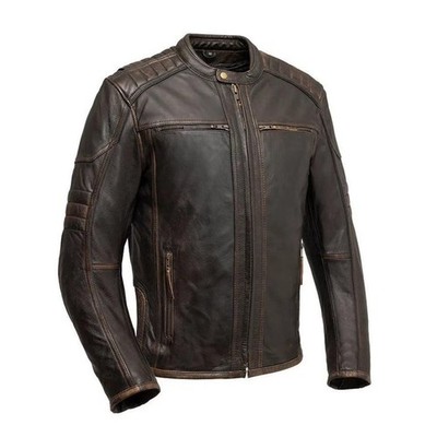 Men's Distressed Real Leather Jacket Brown Biker Shoulder Zip Cafe Racer Style