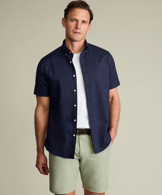 Charles Tyrwhitt Short Sleeve Button-Down Stretch Washed Oxford Shirt   Ink Blue