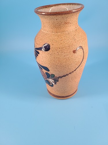Mexikanische Keramik Vase Tonala Stil Mexiko Volkskunst Sandstein blau Vogel und Blume - Bild 6 von 8