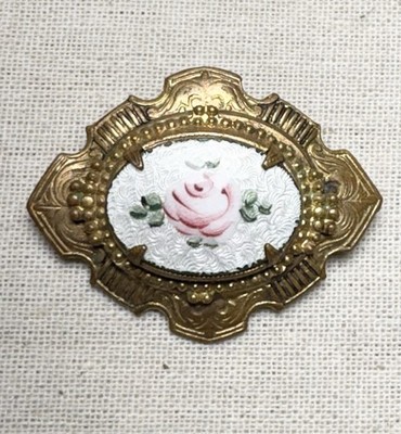 Vintage Porcelain Pink Rose Brooch Scalloped Frame Oval Victorian Revival