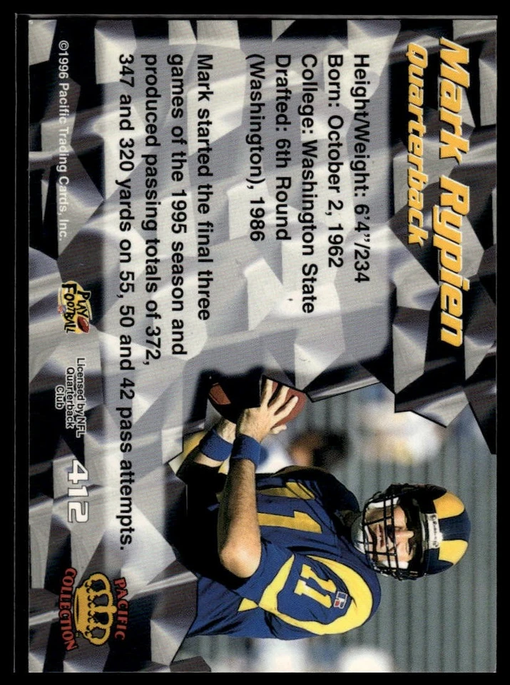 1996 Pacific #412 Mark Rypien - Image 2 of 2