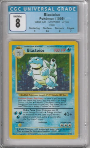 1999 Pokémon Blastoise Holo Rare 2/102 Base Set Unlimited CGC 8 WOTC
