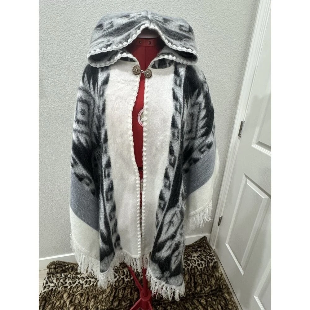 Hooded Cape Shawl Sweater Coat Black Gray White Fringe Boho Poncho