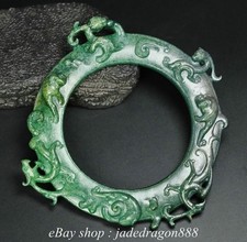 6" Old Chinese Hetian Green Jade Carved Dragon Beast Statue Pendant Bi