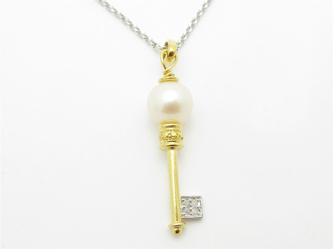 Oro Amarillo Plata de Ley Original Perla & Diamantes Llave Diseño Colgante Nuevo