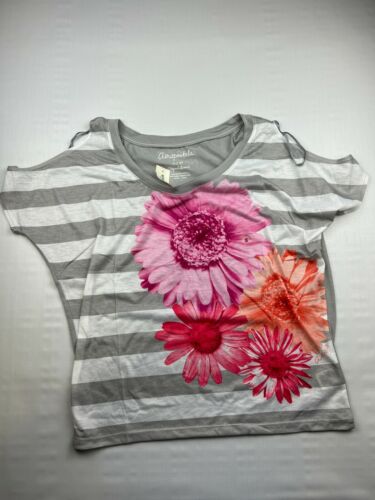 Aeropostale Women's Size S Short Sleeve Shirt Striped|Floral Cold Shoulder Top