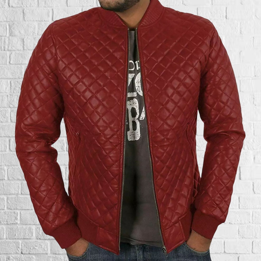 Men's Red Quilted Lambskin Leather Biker Jacket Slim Fit Zipper Moto