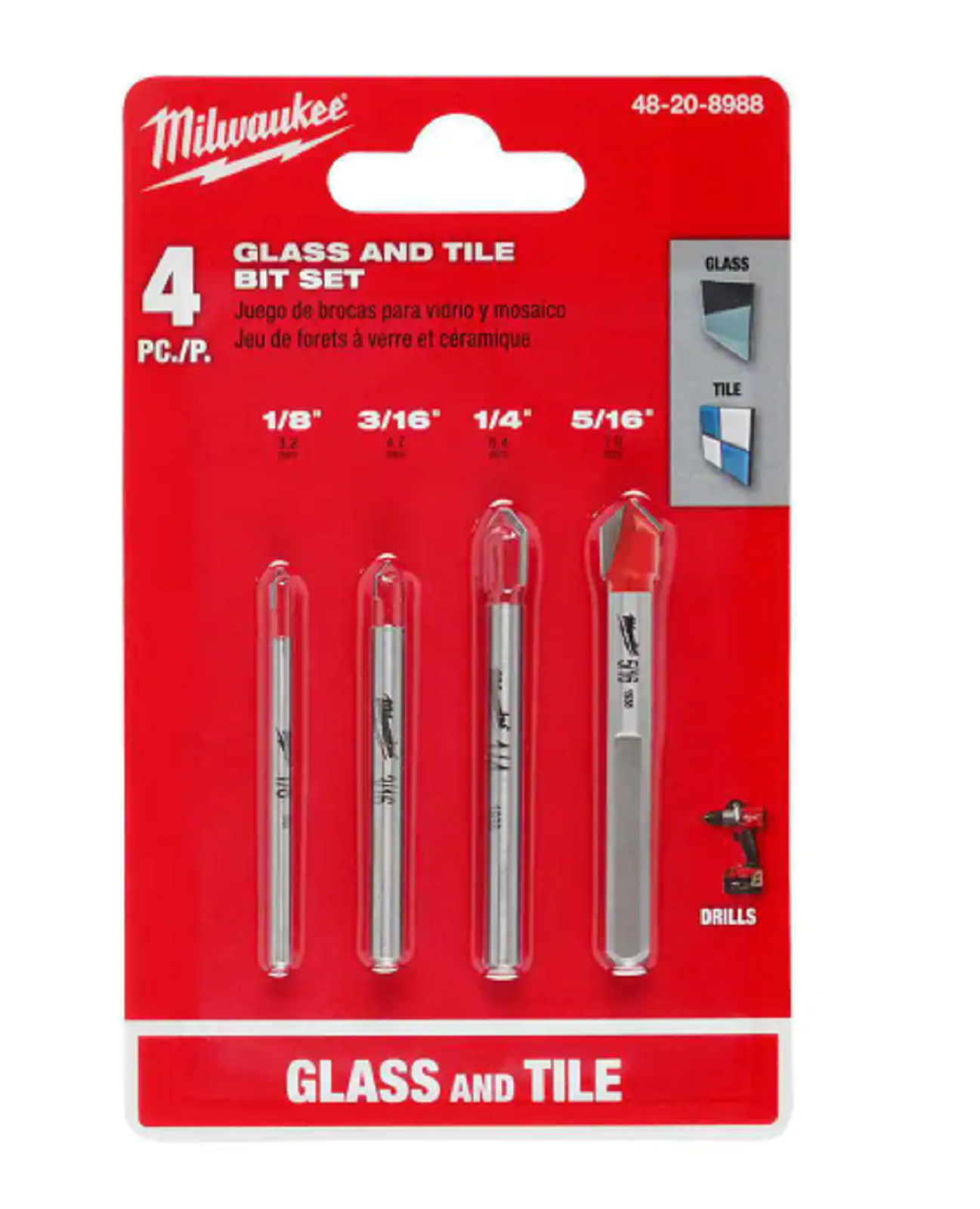 Milwaukee 48-20-8988 Carbide Glass and Tile Drill Bit Set (4-Pack ...