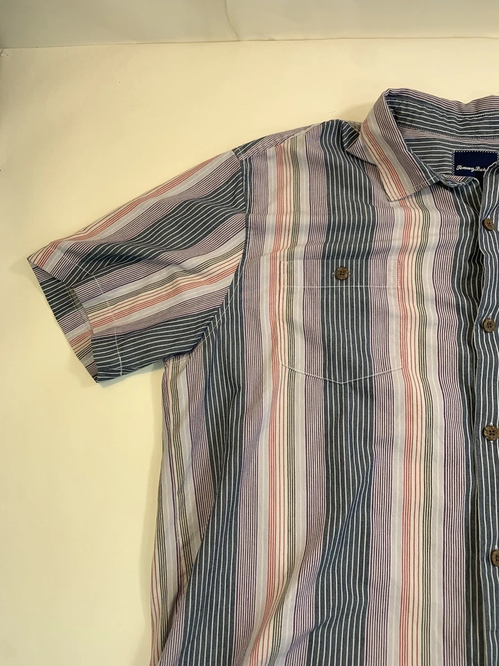 Camisa Tommy Bahama Para Hombre 2XL Gris Rayas Manga Corta Abotonada Playa Foto 3 de 4
