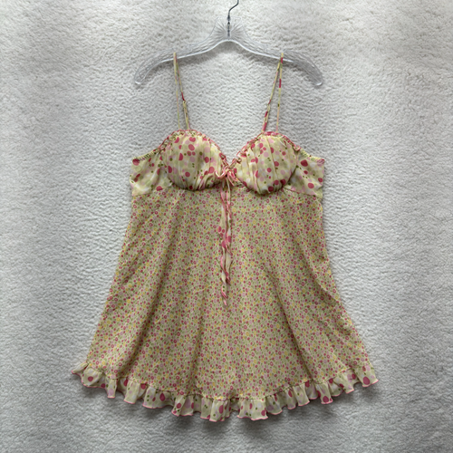 Y2K Vintage Babydoll Slip Dress XL Yellow Ditsy Floral Mesh Coquette Fairy