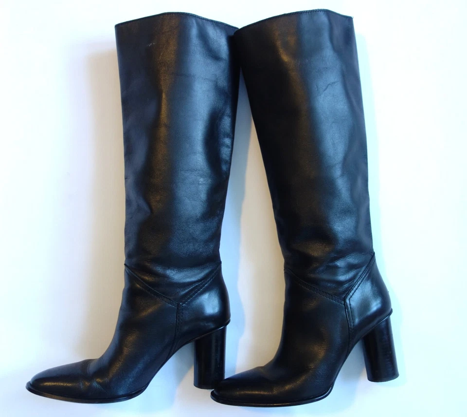 ZARA tall knee-hi black genuine leather round block heel BOOTS womens 8 39 - Image 3 of 4