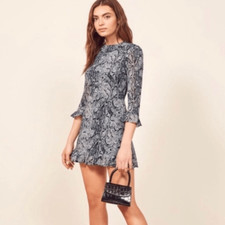Reformation Stevie Mini Blue Dress Ruffle Snake Print Size 4