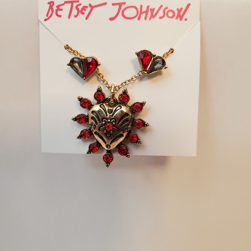Betsey Johnson Gold Tone Pave Heart Pendant Necklace Stud Red Earring Set - Picture 2 of 8