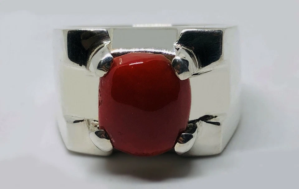Anillo de plata esterlina 925 hecho a mano de coral australiano rojo con forma de cojín natural para hombre Foto 3 de 4