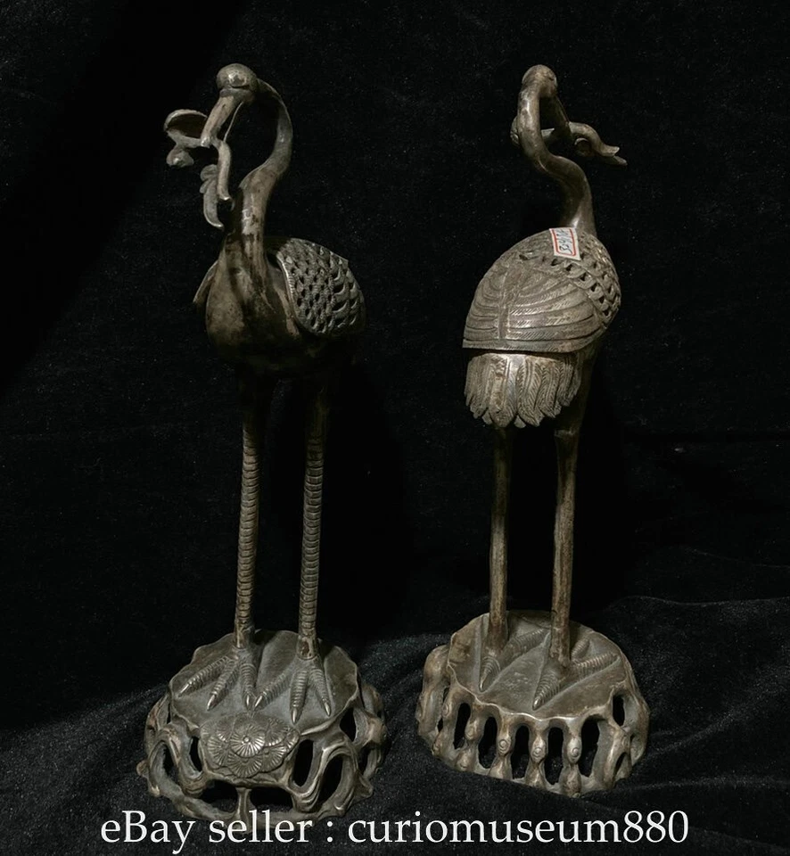 Par de incensarios quemadores de incienso grúa coronada roja plata cuproníquel antigua China de 14,8" Foto 3 de 4