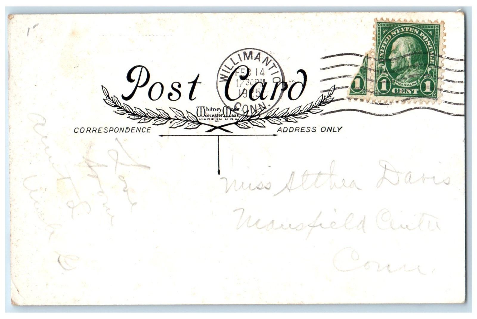 1925 Valentine Heart Girl Motto Flowers Willimantic Connecticut CT