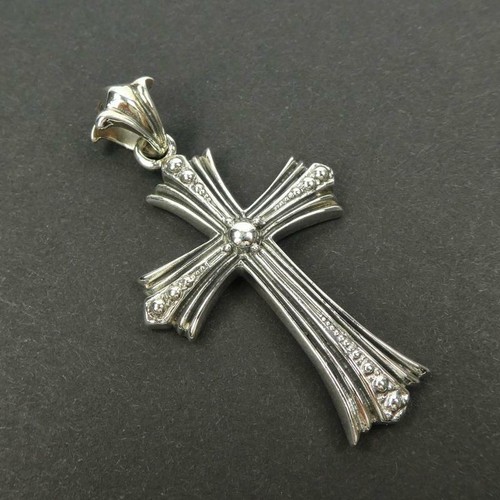 Solid 925 Sterling Silver 2" Cross Pendant Men Unisex Groove Bead Detail Classic - Picture 3 of 7