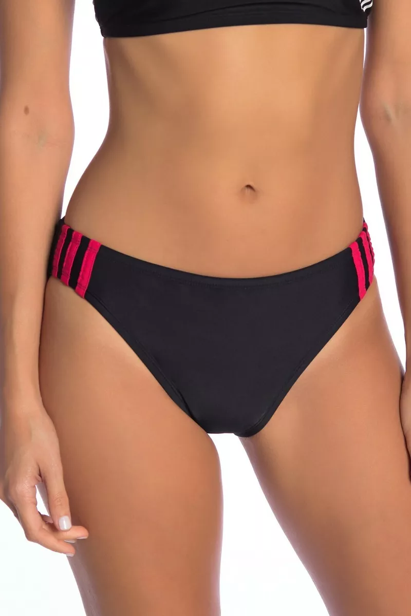 ADIDAS WOMENS SPORTS HIPSTER BIKINI BOTTOM BLACK WITH RED STRIPE