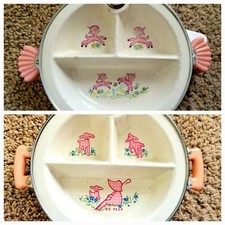 2 Vintage Little Girl Baby Food Warmer Divided Dish Bakelite Handles