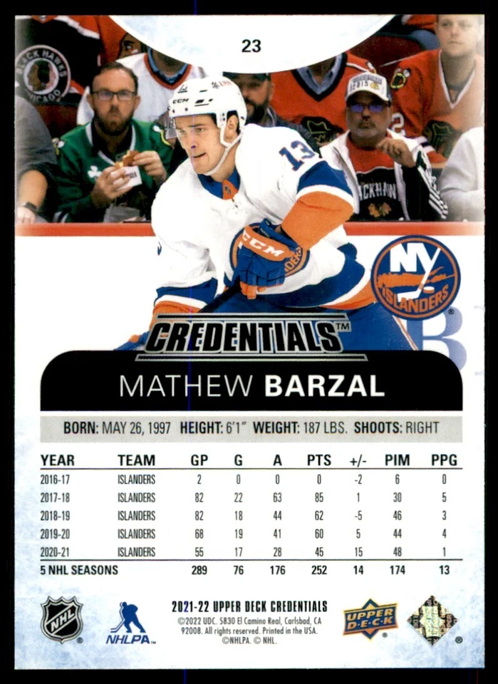 2021-22 Upper Deck Credentials Mathew Barzal #23 - Image 2 of 2