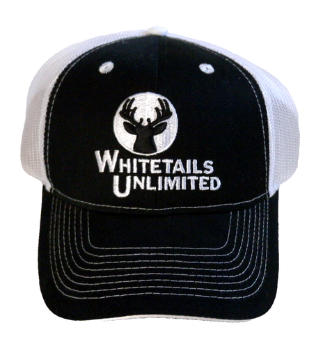 Whitetails Unlimited Baseball Cap Black/White Mesh Adjustable Trucker Hat - Picture 2 of 6