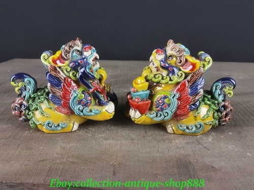 China Shiwan porcelain Pottery Dynasty Foo Fu Dog Guardion Lion Ball Statue Pair - Picture 6 of 9