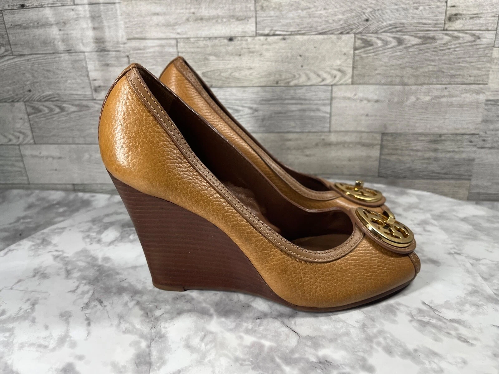 Scarpe Tory Burch tacco donna 7M Selma marrone oro pelle ciottoli zeppa punta aperta
