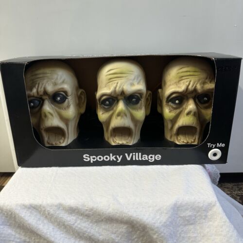 Zombie Head Pathway Markers 3 Piece Set Brand New! Halloween Decor Lights Sounds