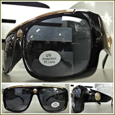 Mens HIP HOP RAPPER GANGSTER SHIELD Style SUN GLASSES Black Gold Frame Dark Lens