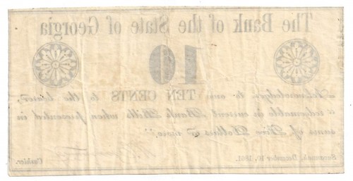 1861 Bank of the State of Georgia, Savannah GA 10c Note (58778) - Picture 2 of 2