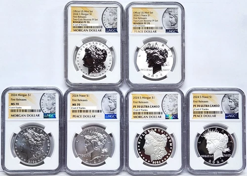 6 coin set 2024 morgan peace silver dollars ngc ms pf rp 70 first releases