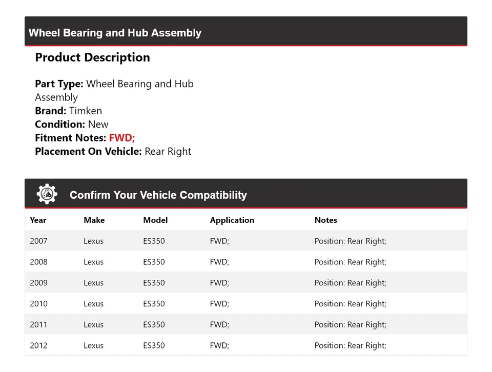 Conjunto de cojinete de rueda y buje trasero derecho Timken para Lexus ES350 2007-2012 tracción delantera Foto 2 de 4