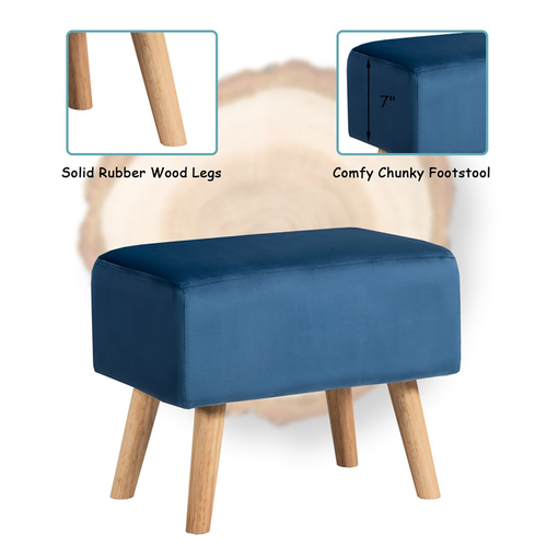 Accent Chair and Ottoman Thick Padded Velvet Tufted Sofa Set Wooden Legs Blue - Picture 8 of 12