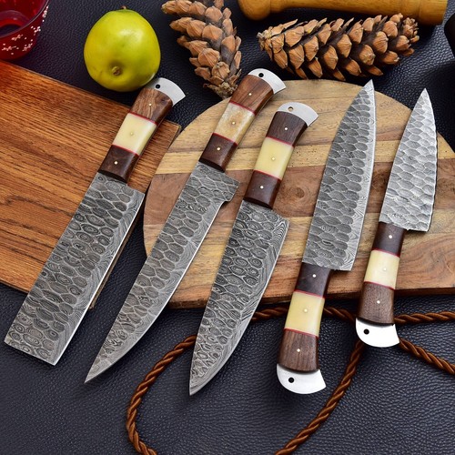 Juego de 5 cuchillos de cocina hechos a mano personalizados de acero Damasco con bolsa MS56