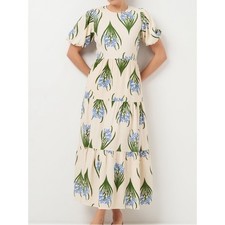 Zara Floral Maxi Dress S Blue Green Botanical Puff Sleeve Tiered Cottagecore