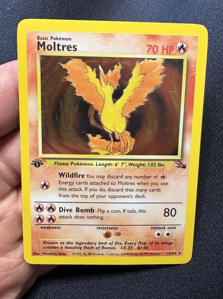 Moltres 12/62 Fossil Holo 1st Edition Incomplete Holo Error