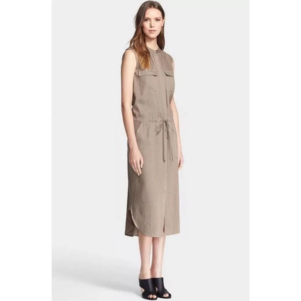 Vestido Vince Mezcla de Lino Cargo Midi S Sin Mangas Safari Foto 2 de 4