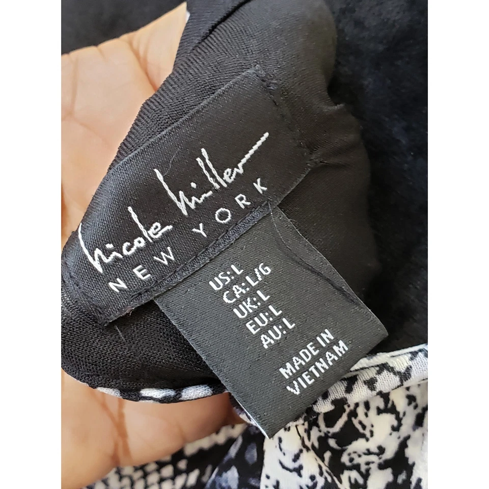 Vestido recto Nicole Miller para mujer L negro blanco estampado de serpiente cuello halter elástico Foto 3 de 4