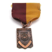 Vintage Music Award Medal Lyre Shield Crest Bronze Tone Maroon Gold Ribbon