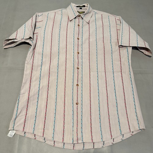 OshKosh B'gosh, True VTG 70s OshKosh B'Gosh Men Tan Multi-Color Stripe Short Sleeve Button Shirt