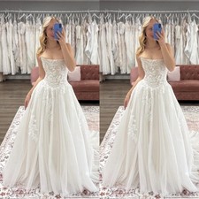 Boho Wedding Dresses Strapless Lace A Line Lace-up Back Sweep Train Bridal Gowns