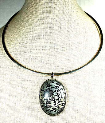 Vintage Gothic Revival Silver Color w/ Black  Rose  Art Glass Pendant Circlet