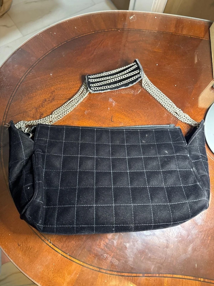 Chanel Black Suede Quilted Chain Strap Shoulder Bag  Zipper/Pockets        27-87 - Image 3 of 4
